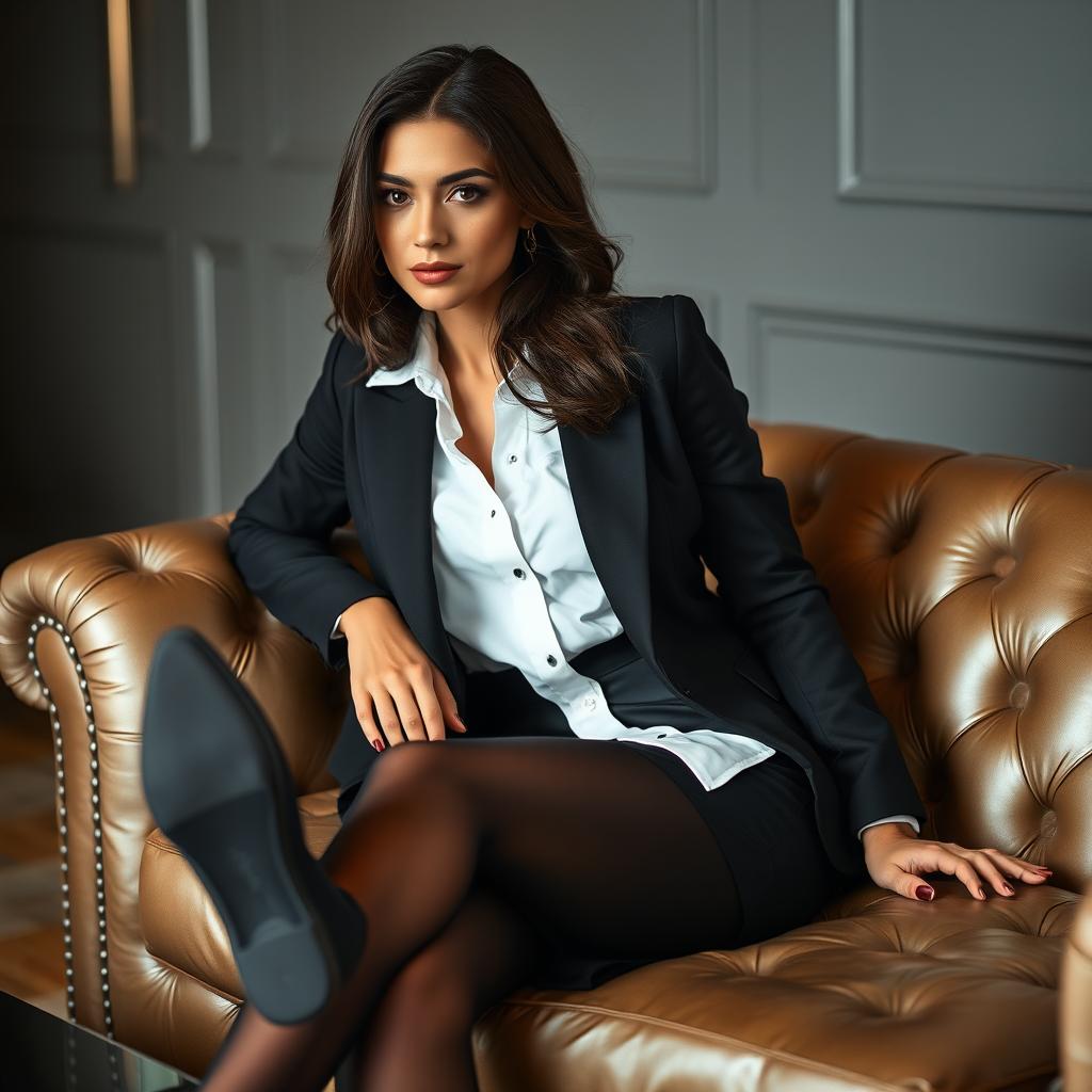 A stylish brunette woman elegantly dressed in a fitted black blazer over a pristine white shirt, paired with a sleek black skirt and sheer black pantyhose