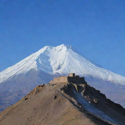 A majestic Sassanid castle perched atop the rugged slopes of Mount Damavand, under a crisp azure sky with snow-capped peak in the background.