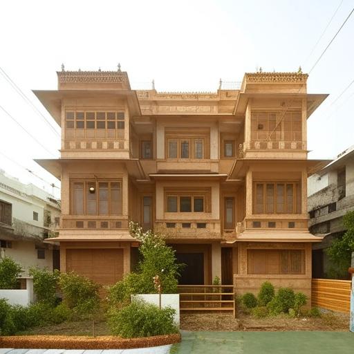 West-facing Indian-style building front elevation design, 22 feet wide and 40 feet tall, having a staircase on the right side.