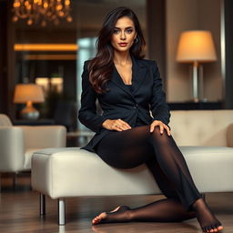 A stylish brunette woman dressed in a professional office suit that complements her figure, featuring a fitted blazer and tailored trousers, completed with sheer black pantyhose