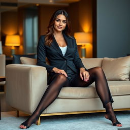 A stylish brunette woman in a tailored office suit, featuring a chic blazer and fitted trousers, complemented by sleek black 20 den pantyhose