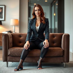 A stylish brunette woman in a tailored office suit, featuring a chic blazer and fitted trousers, complemented by sleek black 20 den pantyhose