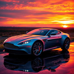 An Aston Martin Vantage parked beside a puddle during a vibrant sunset, showcasing the dramatic colors of the sky reflecting off the water