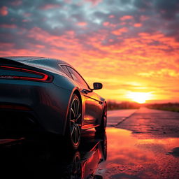 An Aston Martin Vantage parked beside a puddle during a vibrant sunset, showcasing the dramatic colors of the sky reflecting off the water