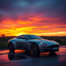 An Aston Martin Vantage parked beside a puddle during a vibrant sunset, showcasing the dramatic colors of the sky reflecting off the water