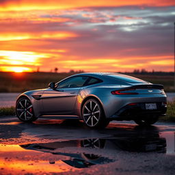 An Aston Martin Vantage parked beside a puddle during a vibrant sunset, showcasing the dramatic colors of the sky reflecting off the water