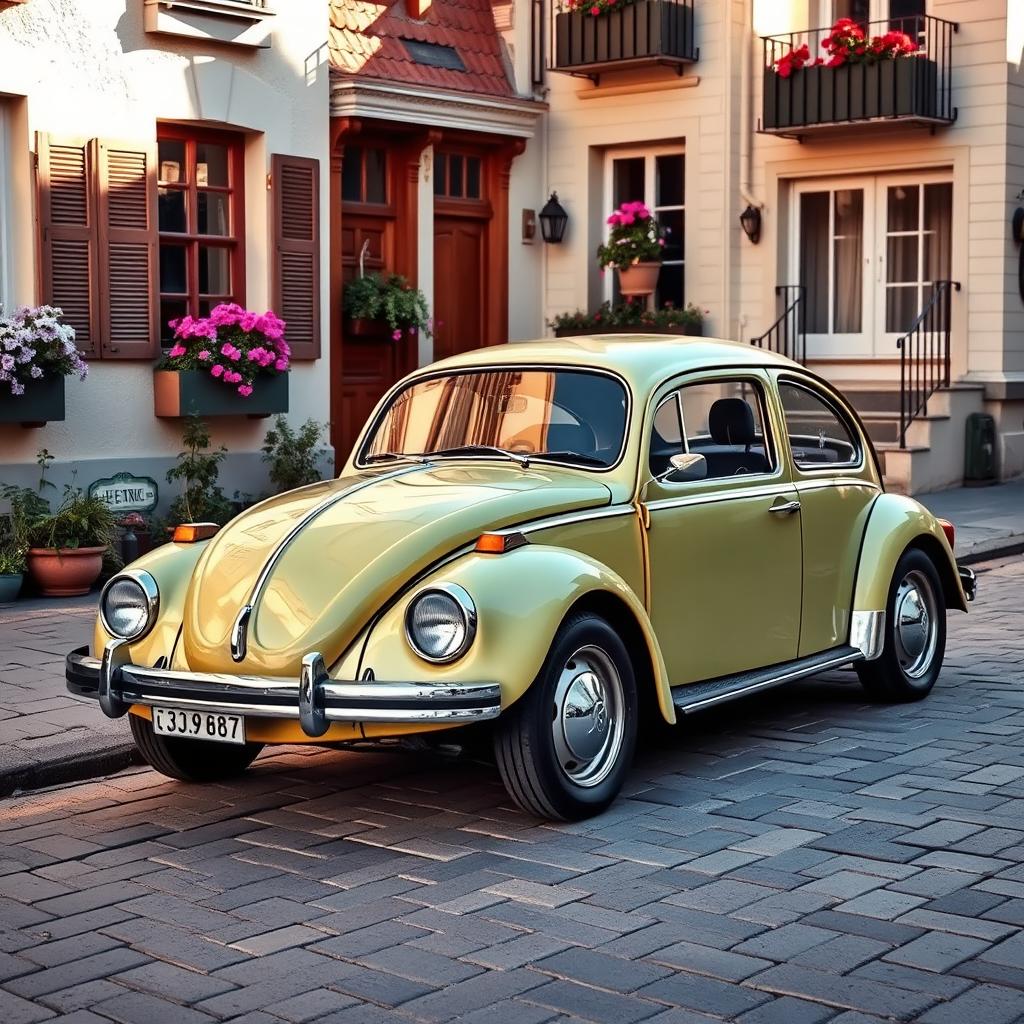 An old Volkswagen Beetle parked in a charming vintage neighborhood, surrounded by quaint houses with classic architectural details