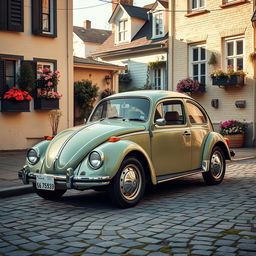 An old Volkswagen Beetle parked in a charming vintage neighborhood, surrounded by quaint houses with classic architectural details