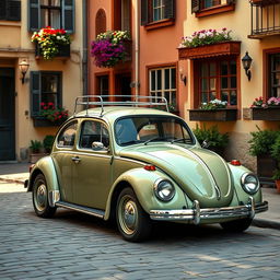 An old Volkswagen Beetle parked in a charming vintage neighborhood, surrounded by quaint houses with classic architectural details