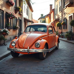 An old Volkswagen Beetle parked in a charming vintage neighborhood, surrounded by quaint houses with classic architectural details