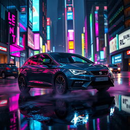 A sleek dark grey SEAT Leon FR MK5 driving through a neon-lit cyberpunk city at night