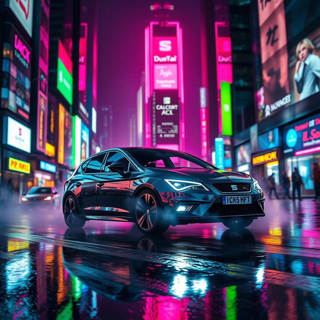 A sleek dark grey SEAT Leon FR MK5 driving through a neon-lit cyberpunk city at night