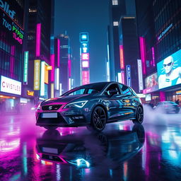 A sleek dark grey SEAT Leon FR MK5 driving through a neon-lit cyberpunk city at night