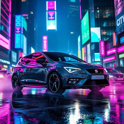 A sleek dark grey SEAT Leon FR MK5 driving through a neon-lit cyberpunk city at night