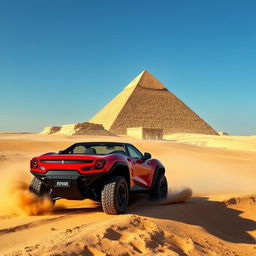 A Ferrari Purosangue off-road vehicle navigating the rugged terrain near the Pyramids of Giza, capturing the striking contrast between modern automotive design and ancient historical landmarks