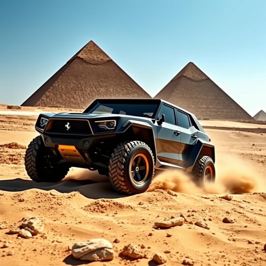 A Ferrari Purosangue off-road vehicle navigating the rugged terrain near the Pyramids of Giza, capturing the striking contrast between modern automotive design and ancient historical landmarks