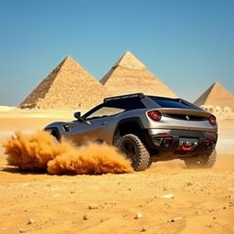 A Ferrari Purosangue off-road vehicle navigating the rugged terrain near the Pyramids of Giza, capturing the striking contrast between modern automotive design and ancient historical landmarks