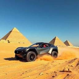 A Ferrari Purosangue off-road vehicle navigating the rugged terrain near the Pyramids of Giza, capturing the striking contrast between modern automotive design and ancient historical landmarks