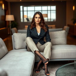 A stylish brunette woman in a professional office suit, which includes a well-fitted blazer and tailored trousers, adorned with black 20 den pantyhose