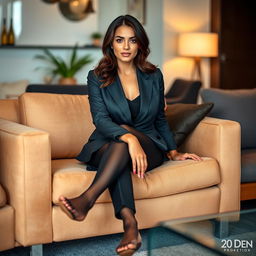 A stylish brunette woman in a professional office suit, which includes a well-fitted blazer and tailored trousers, adorned with black 20 den pantyhose