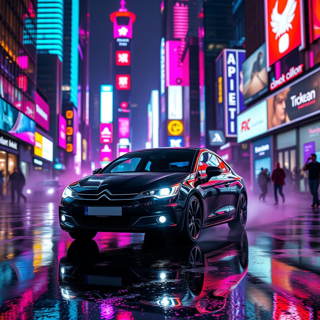 A stylish black Citroën C4 Coupe VTS 2008 driving through a neon-lit cyberpunk city at night