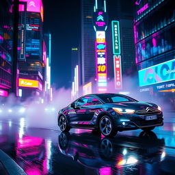 A stylish black Citroën C4 Coupe VTS 2008 driving through a neon-lit cyberpunk city at night