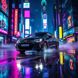 A stylish black Citroën C4 Coupe VTS 2008 driving through a neon-lit cyberpunk city at night