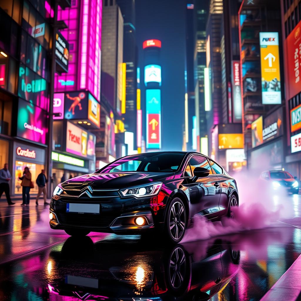 A stylish black Citroën C4 Coupe VTS 2008 driving through a neon-lit cyberpunk city at night