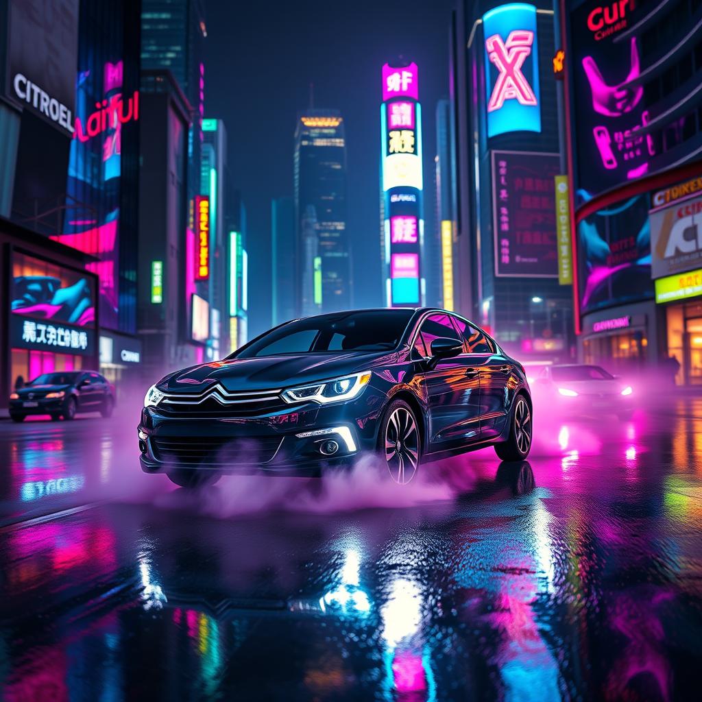 A sleek black Citroën C4 Coupe Sport 2008 driving through a neon-lit cyberpunk city at night