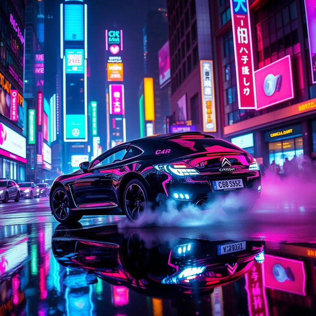 A sleek black Citroën C4 Coupe Sport 2008 driving through a neon-lit cyberpunk city at night