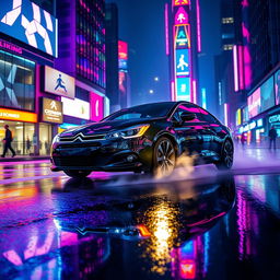 A sleek black Citroën C4 Coupe Sport 2008 driving through a neon-lit cyberpunk city at night