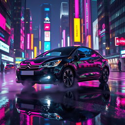 A sleek black Citroën C4 Coupe Sport 2008 driving through a neon-lit cyberpunk city at night