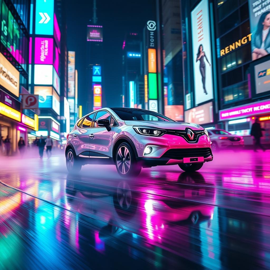 A dynamic white Renault Captur Sport 2016 driving through a neon-lit cyberpunk city at night