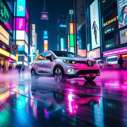 A dynamic white Renault Captur Sport 2016 driving through a neon-lit cyberpunk city at night