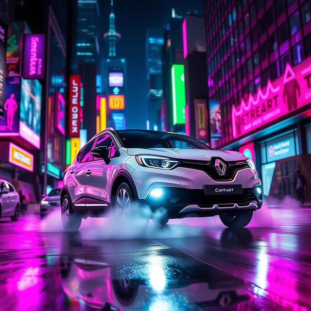 A dynamic white Renault Captur Sport 2016 driving through a neon-lit cyberpunk city at night