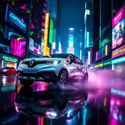 A dynamic white Renault Captur Sport 2016 driving through a neon-lit cyberpunk city at night