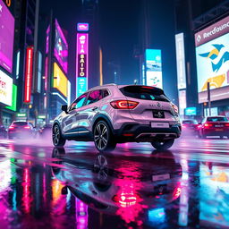 A dynamic white Renault Captur Sport 2016 driving through a neon-lit cyberpunk city at night