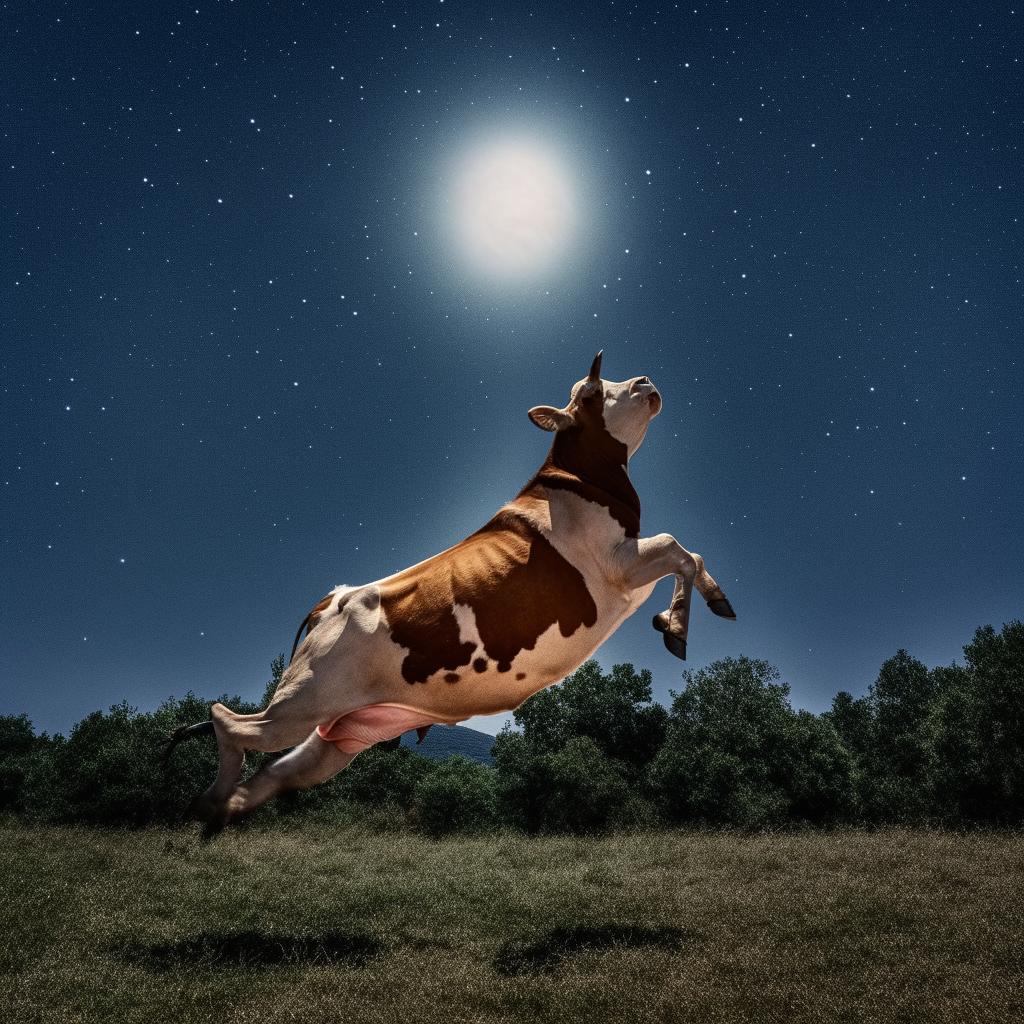 A playful cow gracefully leaping over a radiant full moon against the backdrop of a dark, star-sprinkled sky.