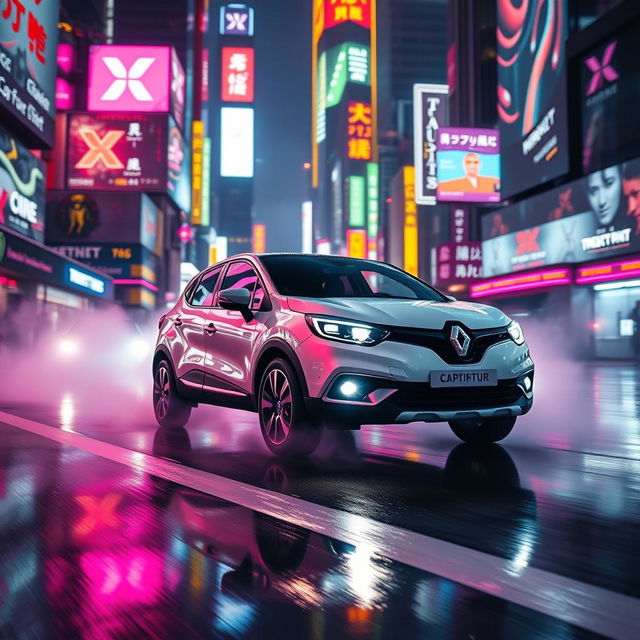 A white Renault Captur Sport 2016 driving through a vibrant neon-lit cyberpunk city at night