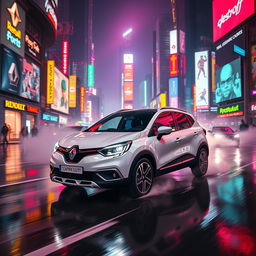 A white Renault Captur Sport 2016 driving through a vibrant neon-lit cyberpunk city at night