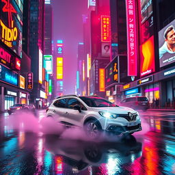 A white Renault Captur Sport 2016 driving through a vibrant neon-lit cyberpunk city at night