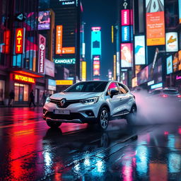 A white Renault Captur Sport 2016 driving through a vibrant neon-lit cyberpunk city at night