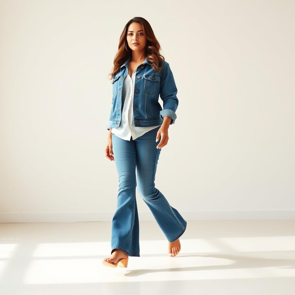 A stylish curvy brunette woman wearing a denim jacket over a shirt and flared blue jeans, walking barefoot on a clean floor