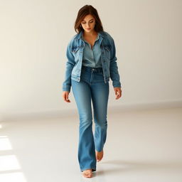 A stylish curvy brunette woman wearing a denim jacket over a shirt and flared blue jeans, walking barefoot on a clean floor