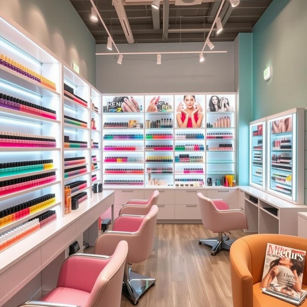 A beautifully arranged nail store filled with a vibrant array of nail polishes and nail care products