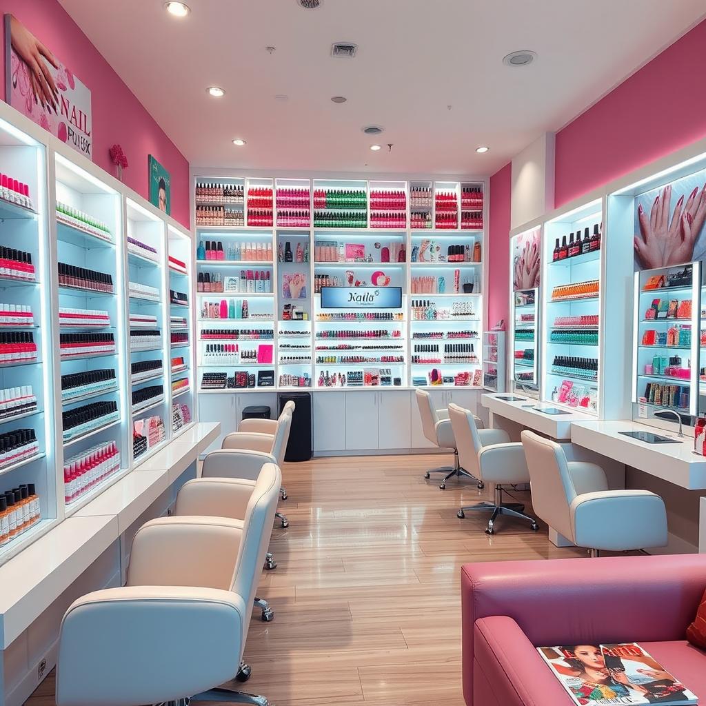 A beautifully arranged nail store filled with a vibrant array of nail polishes and nail care products