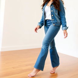 A stylish curvy brunette woman wearing a denim jacket over a white shirt and flared blue jeans, walking barefoot on a clean floor