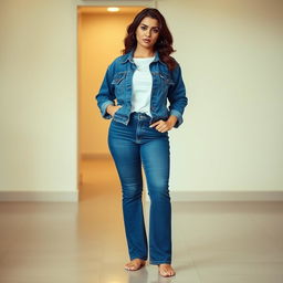 A stylish curvy brunette woman wearing a denim jacket over a white shirt and flared blue jeans, standing barefoot on a clean floor