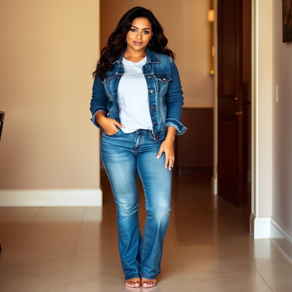 A stylish curvy brunette woman wearing a denim jacket over a white shirt and flared blue jeans, standing barefoot on a clean floor