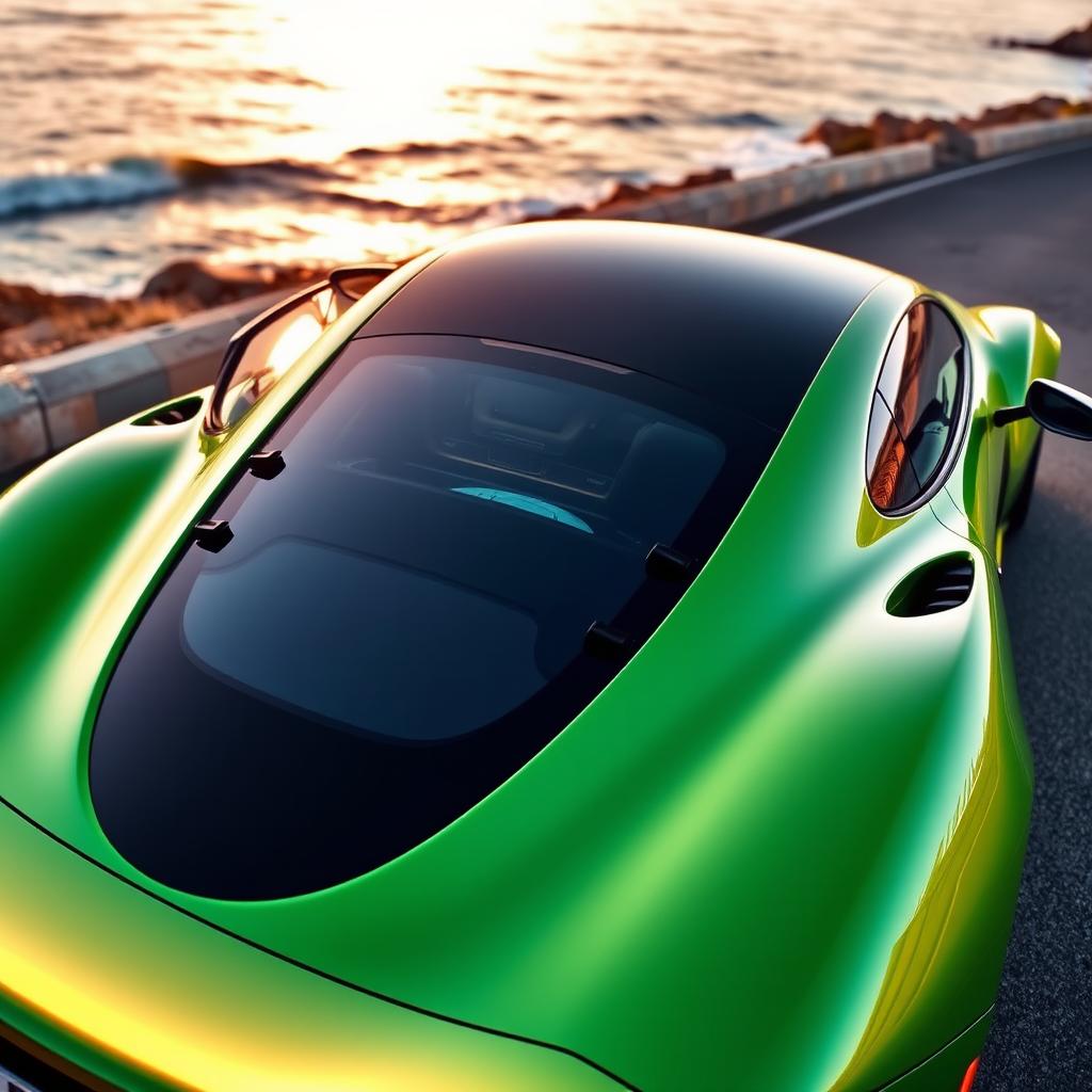 A sleek green sports car with a black rear spoiler, showcasing a modern design with smooth curves and sharp angles